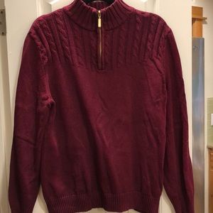 Maroon pullover mock turtleneck half zip cable knit sweater
